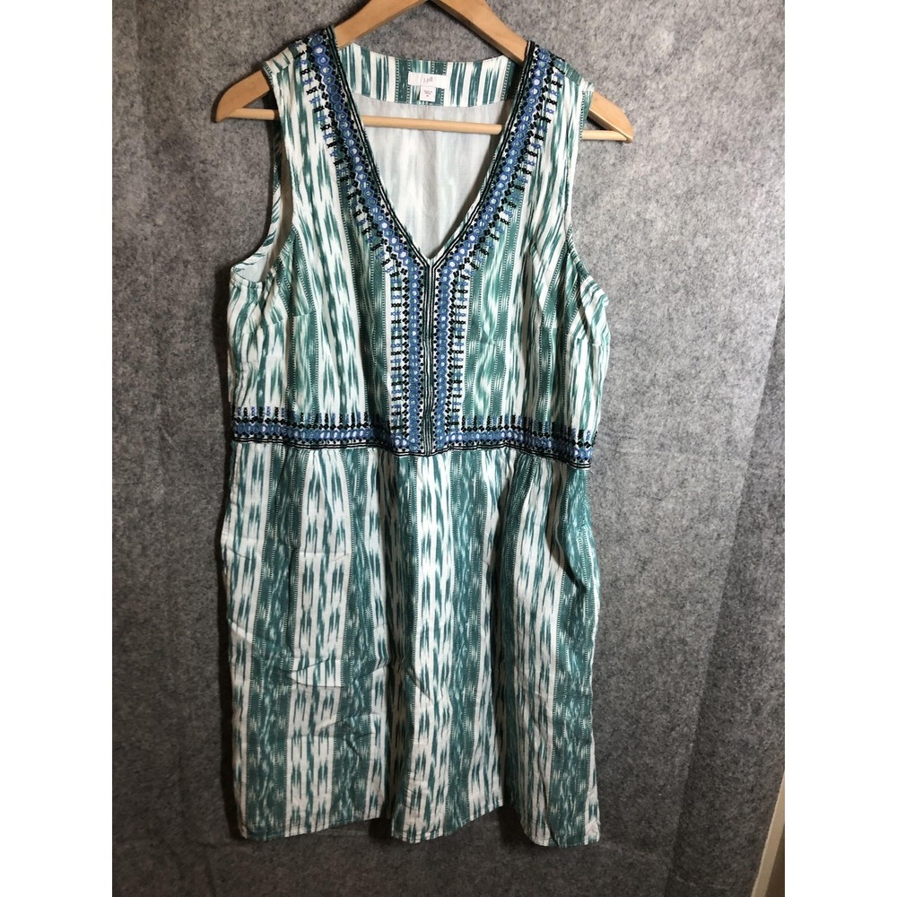 J. Jill Dress Women Medium Green Stripe Embroidered Sleeveless Shift Boho Tribal